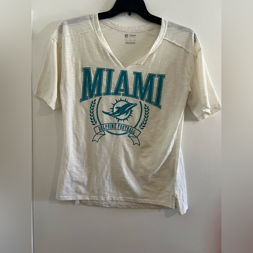 Ladies Miami Dolphins V Neck Tshirt Cream